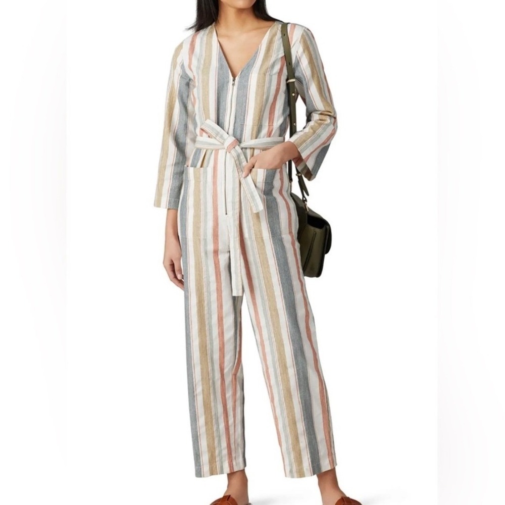 Madewell Tie Waist Zip Front Denim Jumpsuit Striped Women's Size 8 NWT Cotton